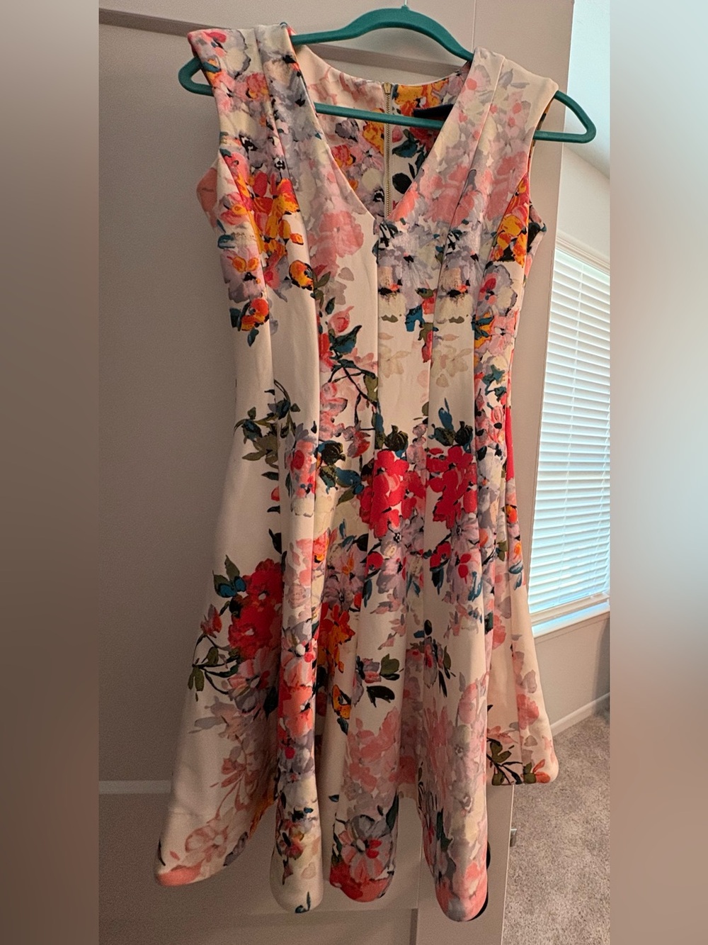 Just...Taylor White Floral V-Neck Midi Dress with Pink and Red Accents